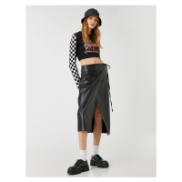 Koton Midi Skirt with Deep Slits and Wrapover Fastening with a Leather Look.