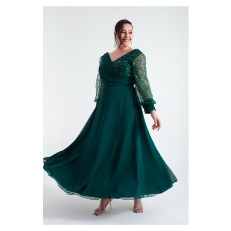 Lafaba Women's Plus Size Emerald Green Sleeves Beaded Midi Evening Dress
