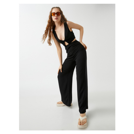 Koton Window Detailed Decollete Wide Leg Jumpsuit Linen Blend.