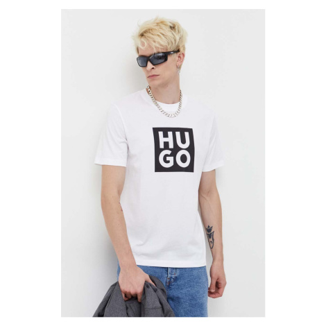 Bavlněné tričko HUGO bílá barva, s potiskem Hugo Boss
