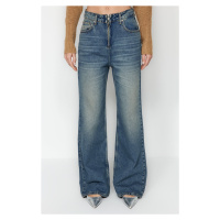 Trendyol Blue Pale Effect Vintage Zipper Detail High Waist Wide Leg Jeans