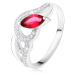 Stříbrný 925 prsten, zirkonové a hladké vlny, červený zrníčkovitý kámen