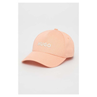 Bavlněná baseballová čepice HUGO oranžová barva, s aplikací