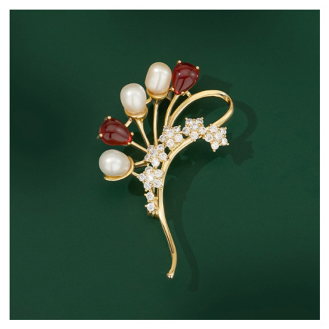 Éternelle Luxusní brož s perlou a zirkony Alescia - sladkovodní perla B7201-4102 Zlatá