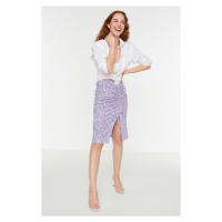 Trendyol Lilac Printed Mini Knitted Mini Skirt With Pleats and a Slit High Waist Fitted/Sleeping