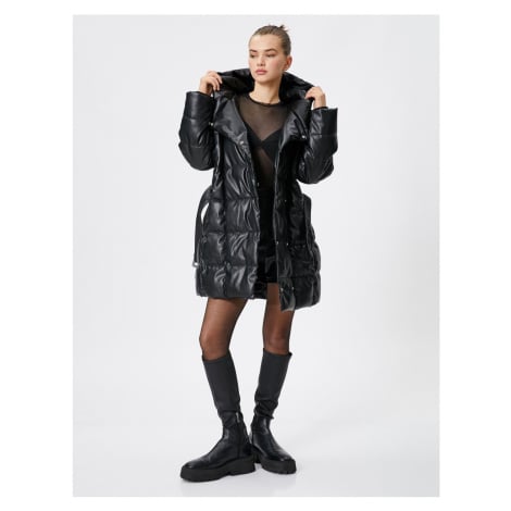Koton Puffer Long Coat Leather Look Hooded Belt Detailed Pocket Quilted