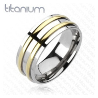 Titanový prsten - stříbrný, dva zlaté pásky