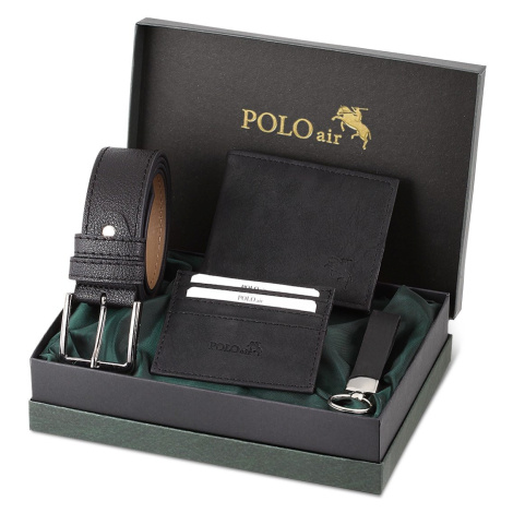 Polo Air Belt, Wallet, Card Holder, Keychain, Black Set in a Gift Box