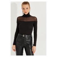 Cool & Sexy Women's Black Tulle Detailed Turtleneck Blouse