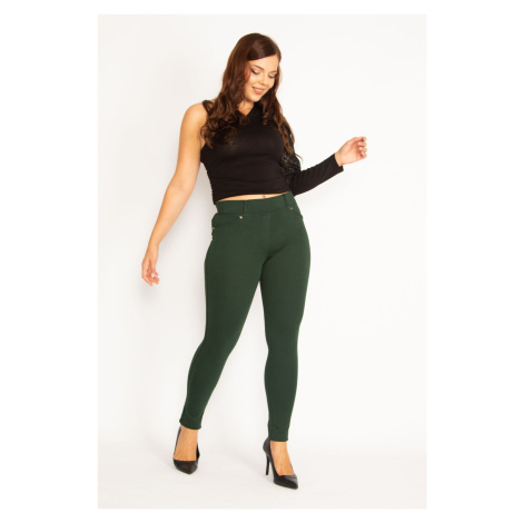 Şans Women's Plus Size Green Leggings With Ornamental Front Pockets And Back Pockets