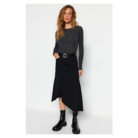 Trendyol Black Asymmetrical High Waist Midi Denim Skirt