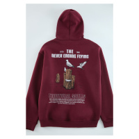 Trendyol Claret Red Oversize/Wide Cut Hooded Printed Fleece Inside Cotton Sweatshirt