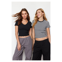 Trendyol 2-Pack Solid Black V-Neck and Striped Black Crew Neck Knitted Blouse