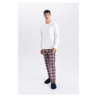 DEFACTO Men's Pajama Set Crew Neck Long Sleeve Basic Plain Top Plaid Elastic Waist Bottom