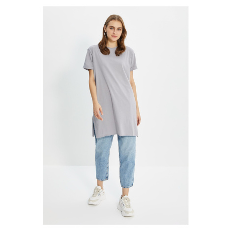 Trendyol Gray 100% Cotton Basic Short Sleeve Slit Single Jersey T-Shirt