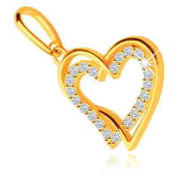 Přívěsek ze žlutého 14K zlata - obrysy srdcí v objetí se zirkony