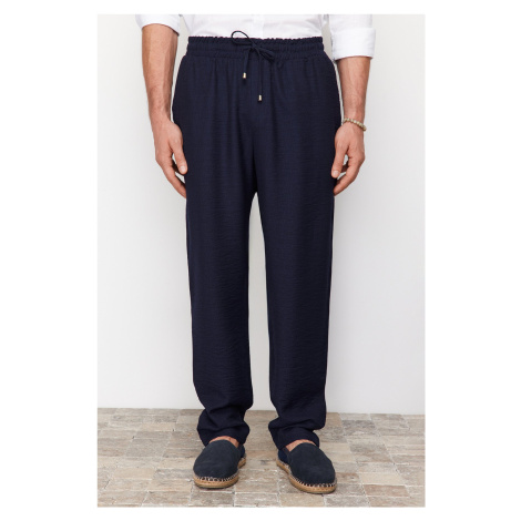 Trendyol Navy Blue Tapered Rubber Waisted Linen Look Flowy Fabric Pants