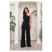 Carmen Black Chiffon One-Shoulder Knit Jumpsuit