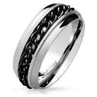 Prsten z nerezové oceli - černý řetízek, mušle, stříbrná barva