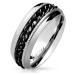 Prsten z nerezové oceli - černý řetízek, mušle, stříbrná barva