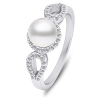 Brilio Silver Elegantní stříbrný prsten s perlou a zirkony RI068W