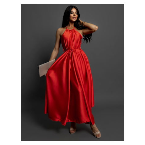 Červené dlouhé lesklé elegantní šaty MADES se zavazováním