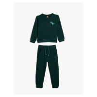 Koton 2-Pack Tracksuit Set Textured Dinosaur Embroidered Long Sleeve Top and Elastic Waist Sweat