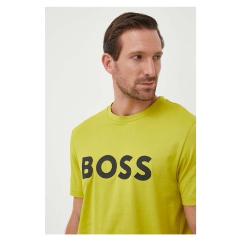Bavlněné tričko BOSS zelená barva, s potiskem Hugo Boss