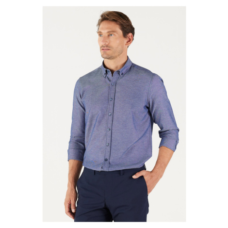 AC&Co / Altınyıldız Classics Men's Navy Blue Buttoned Collar Easy to Iron Cotton Slim Fit Slim F