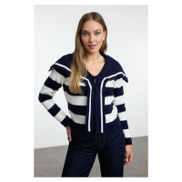 Trendyol Navy Blue Crop Soft Texture Shawl Collar Striped Knitwear Sweater