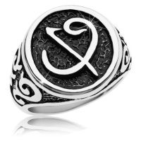 Prsten z chirurgické oceli - černá pečeť se symbolem, ornamenty na ramenech