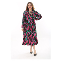 Şans Women's Plus Size Colorful V-Neck Crepe Fabric Long Sleeve Layered Dress