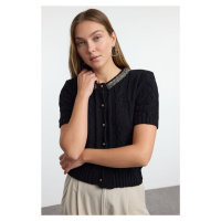 Trendyol Black Crop 100% Cotton Crew Neck Beaded Detailed Hair Knitted Sweater Cardigan