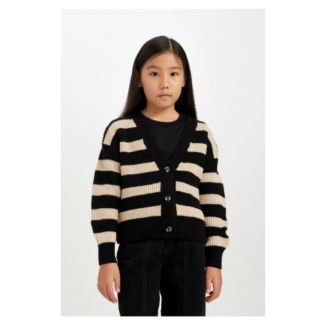 DEFACTO Girl V Neck Striped Buttoned Knitted Cardigan