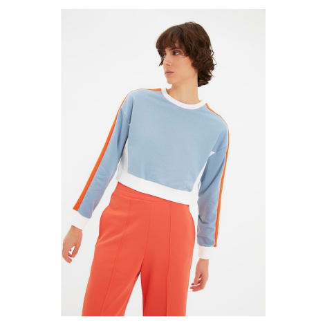 Trendyol Blue Color Block Crop Slim Knitted Sweatshirt
