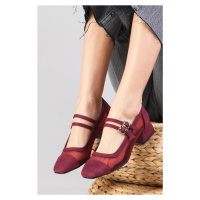 Mio Gusto Women's Burgundy Color Suede Flat Toe Mesh Detail Short Heeled Shoes