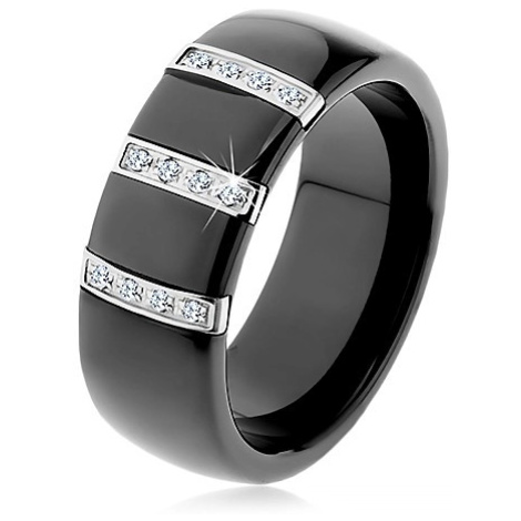 Černý keramický prsten s hladkým povrchem, tři ocelové pásy se zirkony Šperky eshop