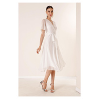 By Saygı Double Breasted Collar Waist Belted Lined Silvery Tulle Dress In Ecru.