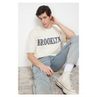 Trendyol Stone Oversize/Wide-Fit Fluffy City-Text Print 100% Cotton T-Shirt