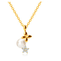 Zlatý 9K náhrdelník - lesklý řetízek ve žlutém zlatě, kulička v perleťové barvě, motýlek, zirkon