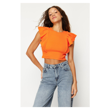 Trendyol Orange Sleeves Frilly Ribbed Stretchy Crew Neck Crop Knitted Blouse