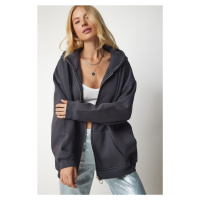 Happiness İstanbul Women's Anthracite Hooded Zippered Oversize Sweatshirt