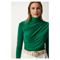 Happiness İstanbul Women's Green Gather Detailed High Collar Sandy Blouse