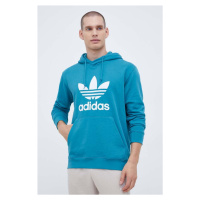 Bavlněná mikina adidas Originals pánská, tyrkysová barva, s kapucí, s potiskem