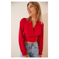 Happiness İstanbul Women's Red Deep V-Neck Crop Sandy Knitted