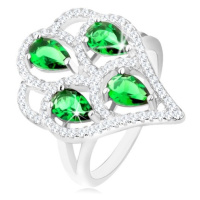 Stříbrný prsten 925, střapec ze zelených zirkonových slziček s čirým lemem