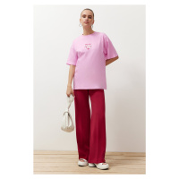 Trendyol Pink 100% Cotton Back and Front Heart Printed Oversize/Relaxed Fit Knitted T-Shirt