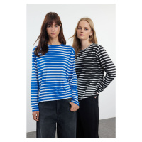 Trendyol Black-Navy Blue 2 Pack Striped Regular/Normal Pattern Knitted T-Shirt