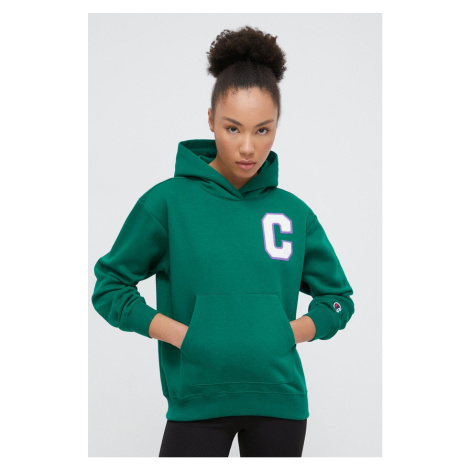 Mikina Champion dámská, zelená barva, s kapucí, s aplikací