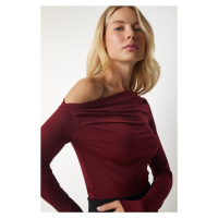 Happiness İstanbul Women's Burgundy Flowy Collar Shirred Detailed Blouse